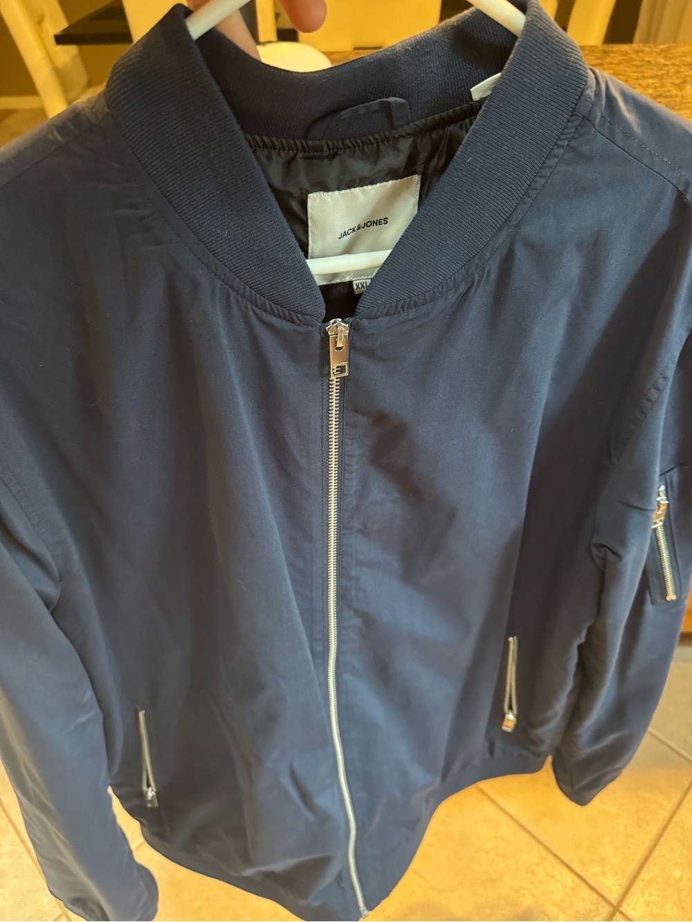 Jack & Jones Navy Blue Bomber Jacket with Silver Zippers